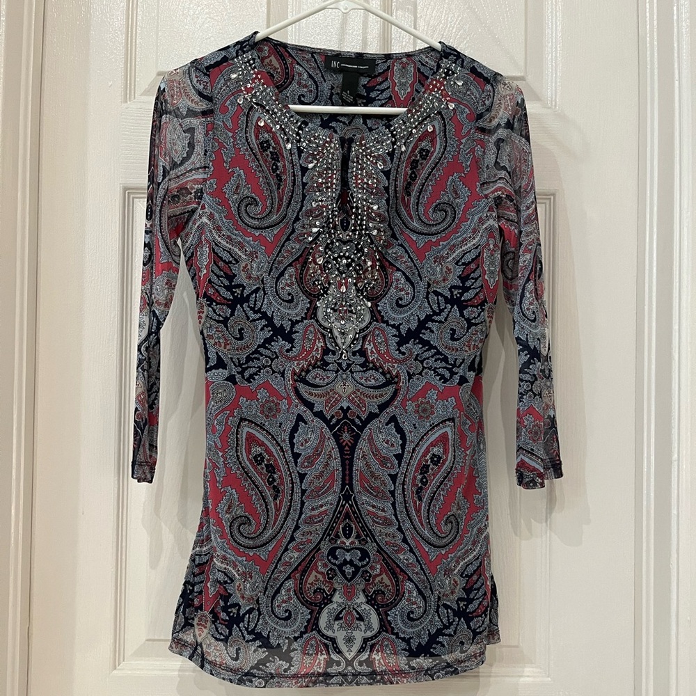 Paisley nylon top with glass and silver beading. Beautiful top.
